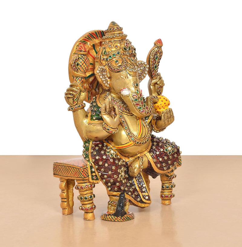 Brass Ganesha Statue Sitting On Chowki (Height 8 Inch)