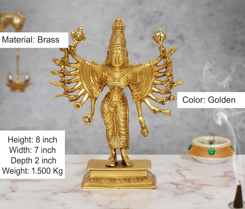 Brass Chamundeshwari Devi Standing with Eighteen Hands Idol (Height :8 inch)