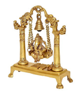 Brass swing Ganesha idol showing ornate chains, seated figure, and bell