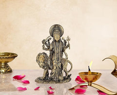 Brass Durga Maa standing with lion idol, detailed arms and halo, 5 inch temple figurine
