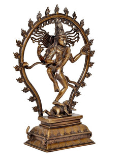 Brass Nataraj Lord Shiva idol statue shown from side angle on ornate base
