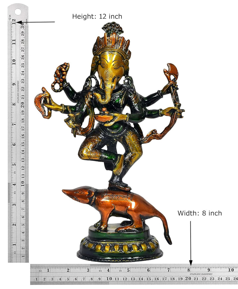 Brass Ganesha Six Hand God Ganesh Dancing On Mushak Idol for Home Decor Pooja Mandir Temple (Height 12 inch)