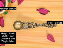 Bronze pooja spoon, 5 inch long, detailed engraved grip and rounded bowl