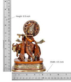 Brass Lord Krishna with cow figurine showing measurements: Height 6.5 inch