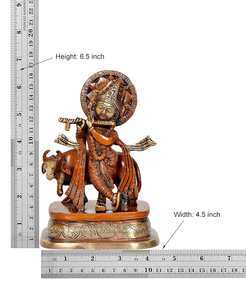 Brass Lord Krishna with Cow Figurine (Height 6.5 Inch)