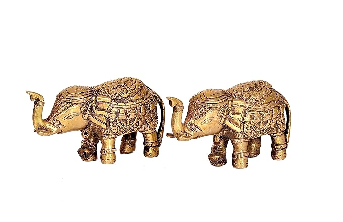 Dattatreya Brass Royal Elephant Idol Figurine Showpiece Golden Height 2.5 Inches (Set of 2)