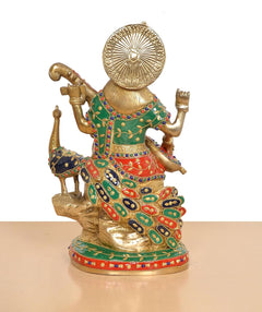 Rear view Saraswati brass figurine with round halo disc, multi-color dress and veena