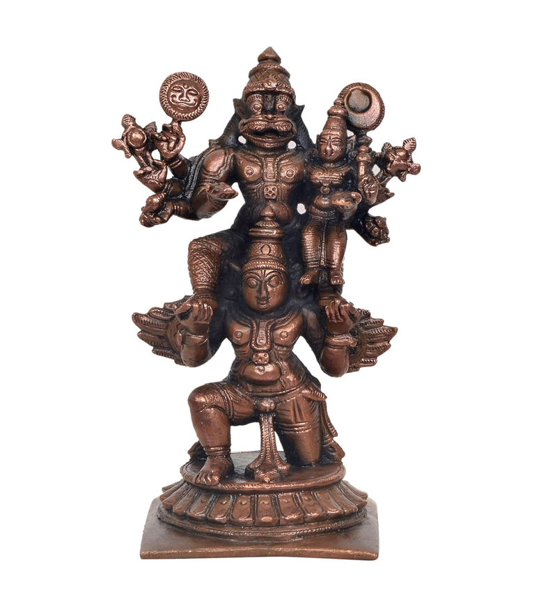 Copper Laxmi Narasimha Swamy on Garuda Laxmi Narashimar Statue for Home, Mandir Pooja Decor Idol (Height: 5 Inch)