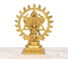 AONA golden brass Sudarshana Vishnu statue, rear view of halo and figures
