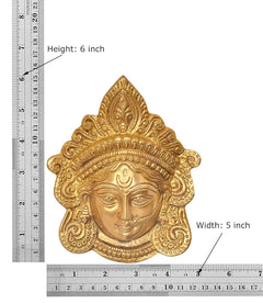 Gold-tone brass Durga face idol wall hanging with height and width measurement markers