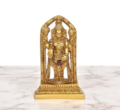 Brass Tirupati Balaji idol, arched support frame, front stance, detailed detailing