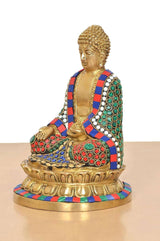 Multicolour brass Buddha statue in Dhyan mudra, seated profile view