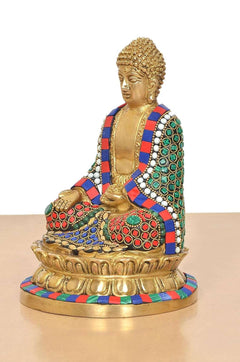 Multicolour brass Buddha statue in Dhyan mudra, seated profile view