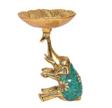Small golden elephant-shaped dry fruit bowl showpiece with green mosaic belly and tray
