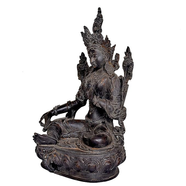 Polyresin Tara Devi Statue Tibetan Goddess Religious Green Tara Statue for Health Happiness Wealth Idol Home Decor Sculpture (Height 13 Inches) Study Setting