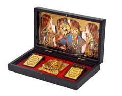 Radha Krishna photo frame gift box set, opened to show gold paduka and mantra cards