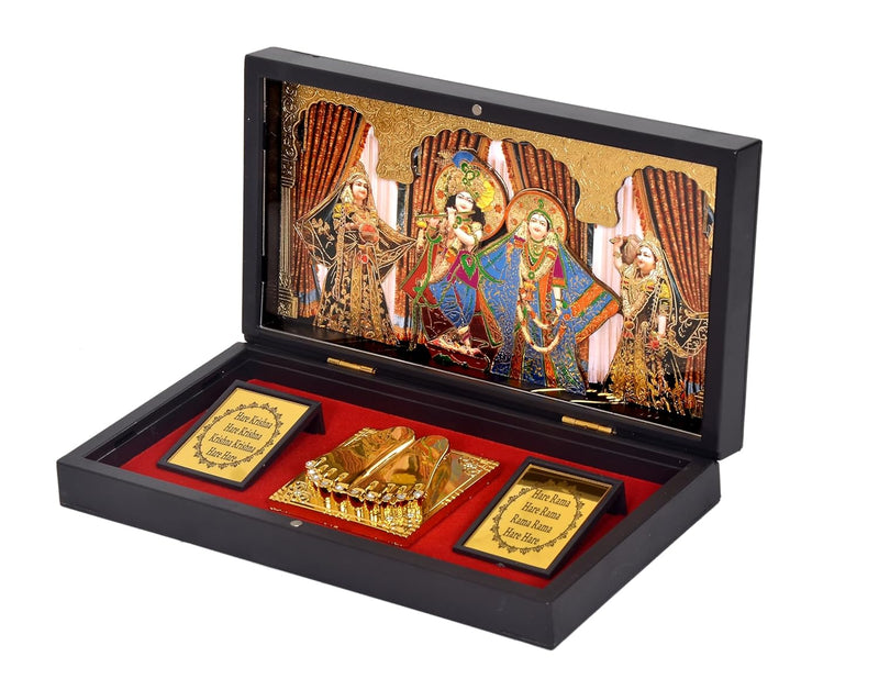 Gold Plated Radha Krishna Photo Frame with Shubh Labh Charan Paduka for Pooja Room, Return Pooja Gift Box Set, (Length : 8.5 inch)