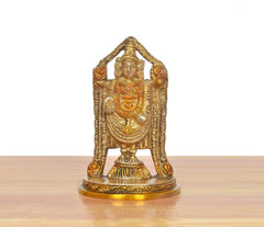 Brass Lord Tirupati Bala Ji idol facing front, ornate crown and folded hands