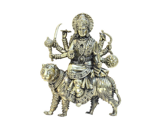 Bronze Durga Maa with Lion Idol Hindu Goddess Sherawali MATA Murti MATA Rani Statue Figurine Home Temple (Height: 6 Inch)