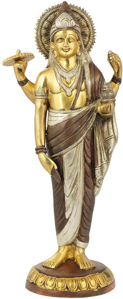 Dhanvantari statue in gold and bronze tones, raised hands and ornate crown