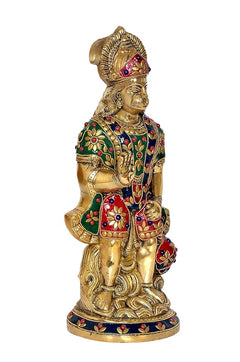 Brass Hanuman statue, standing-side view with ornate jewelry and inlaid details