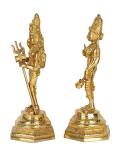 Shiv Parvati brass statue pair, back/side views holding trident and staff