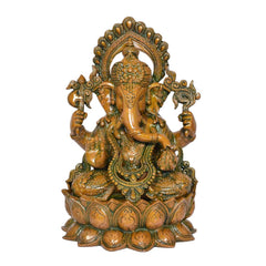 AONA Brass Lord Ganesha idol, front view with detailed jewelry and lotus pedestal