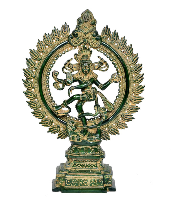 Brass Natraj Lord Shiva Dancing Natraj Brass Idol Statues for Home Decor and Ofice Multicolor (Height: 15.5 inch) (Green and Golden)