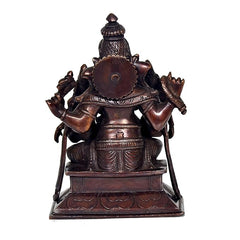 Brown brass Ganesha with Riddhi Siddhi idol statue, back view with round emblem
