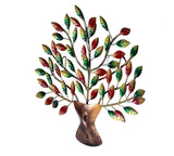 Iron tree wall hanging with multicolor leaves, bronze trunk sculpture and branching arms