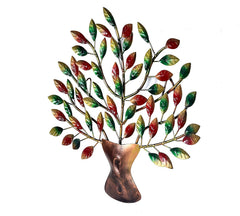 Iron tree wall hanging with multicolor leaves, bronze trunk sculpture and branching arms