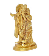 Brass Radha Krishna statue, seated base with detailed headdress and ornaments