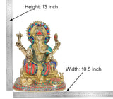 Messing Ganesha-Idol (13 Zoll) mit Maßband im Bild, bunte Schmuckdetails am Körper