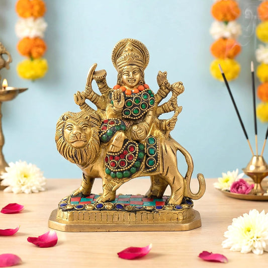 Brass Durga Maa with Lion Idol – Sherawali Mata Rani Statue for Home Temple Décor & Pooja Figurine multicolour 3 (Height :6 Inches)