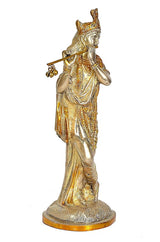 Brass Krishna idol figurine, flute to lips, long robe details; multicolour; 10 in