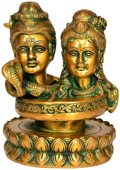 Brass Shiva Parwati linga statue, gold face with green accents, 6.5 in tall