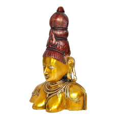 Parvati bust statue in brass, side angle, gold face with detailed dark brown headpiece