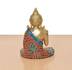 Rear 3/4 Brass Buddha idol seated, multicolor jeweled robe and head details