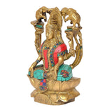 Brass Lakshmi figurine with elephants on both sides, red and turquoise painted attire