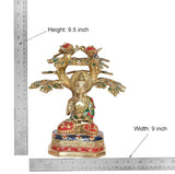 Brass Buddha tree showpiece with height-width guide, seated Buddha and jeweled branches