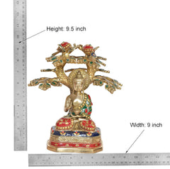 Brass Buddha tree showpiece with height-width guide, seated Buddha and jeweled branches