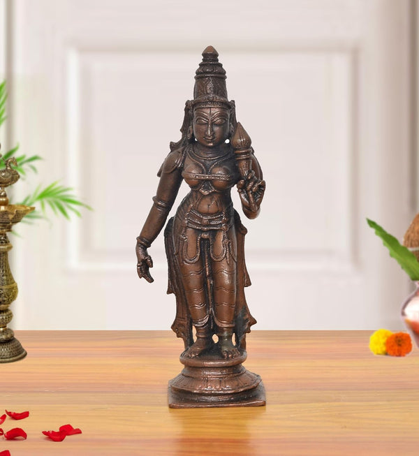 Copper Devi Uma Parvati Statue (Height: 6.5 Inches)