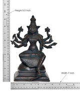 Varahi Vishnu idol figurine, height 9.5 in; seated four-arm design with dark bronze finish
