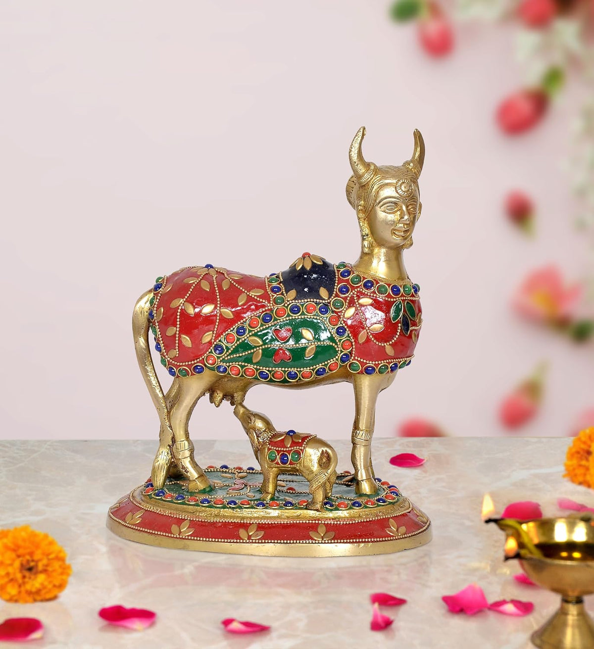 Brass Kamdhenu cow with calf home decor statue, red body with colorful painted details