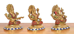 Three multicolor brass Ganesh idols shown from different angles on blue-striped bases