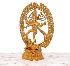 Golden Shiva Nataraj dancing idol on square base with detailed circular frame