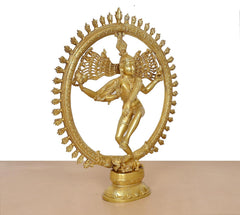 Golden brass Natraj Lord Shiva dancing idol, full figure with pedestal base and halo