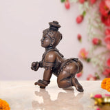 Bal Gopal Krishna laddu idol, dark copper bronze side view, 4 inch kneeling pose