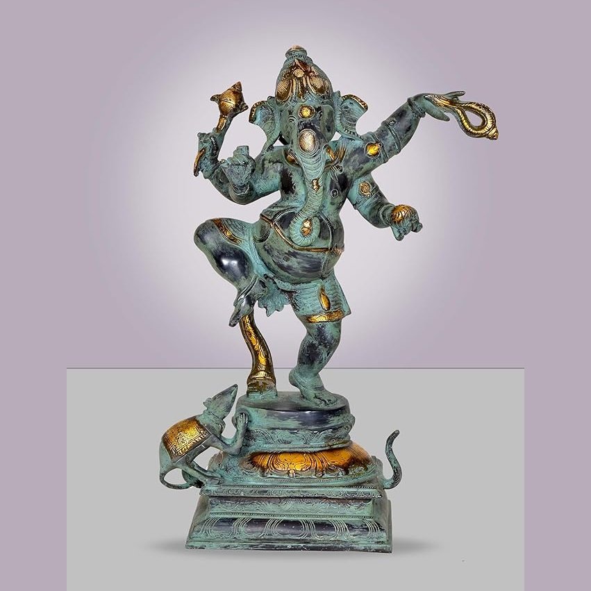 Dancing Ganesha idol statue with turquoise finish and gold accents, raised arms