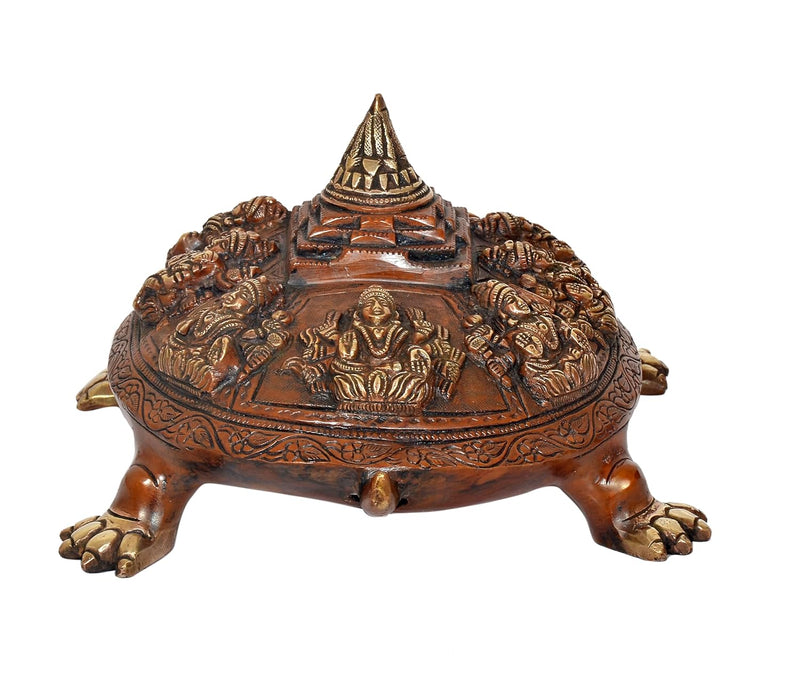 Brass Ashtalakshmi Shree Yantra on Tortoise Figurine Kachua Unique Home Decor Vastu Accent (Height: 6.5 inch)